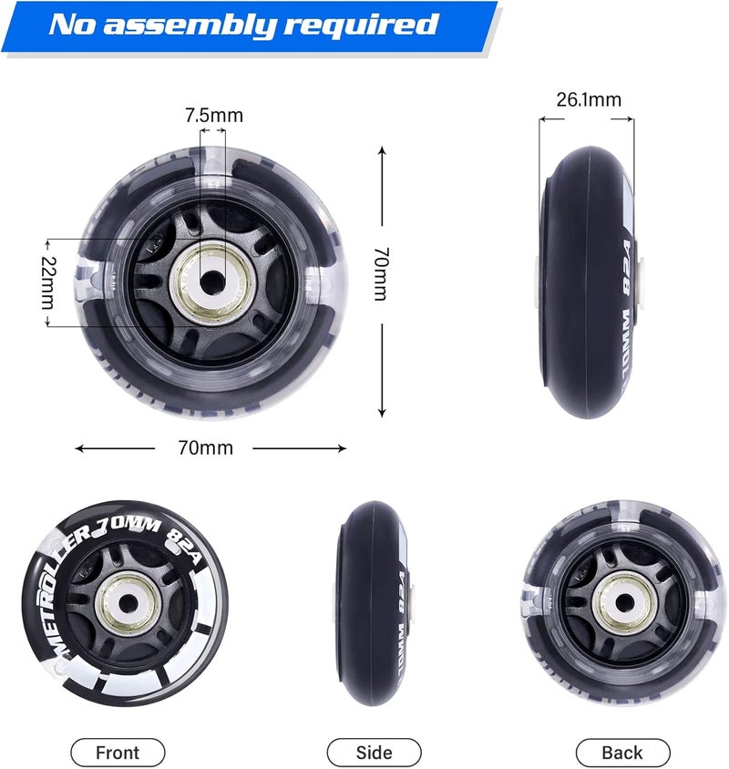 METROLLER 8 Pack 70mm Light up 82A Inline Skate Wheels with ABEC-7 Bearing, Indoor Outdoor Inline Skate Wheels Replacement Roller Blade Wheels Without Tool - Image 2